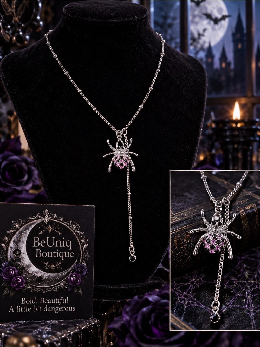 Pink Black Crystal Spider Y Drop Necklace Silver Tone Halloween Gothic